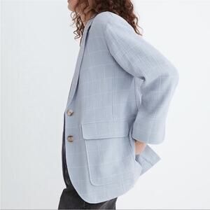 Madewell Larsen Cotton Linen Relaxed Oversized Windowpane Plaid Blazer Blue